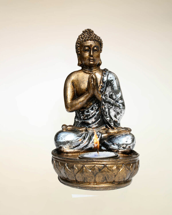 BUDDHA IN RESINA CON PORTACANDELE ( H CM 16 )