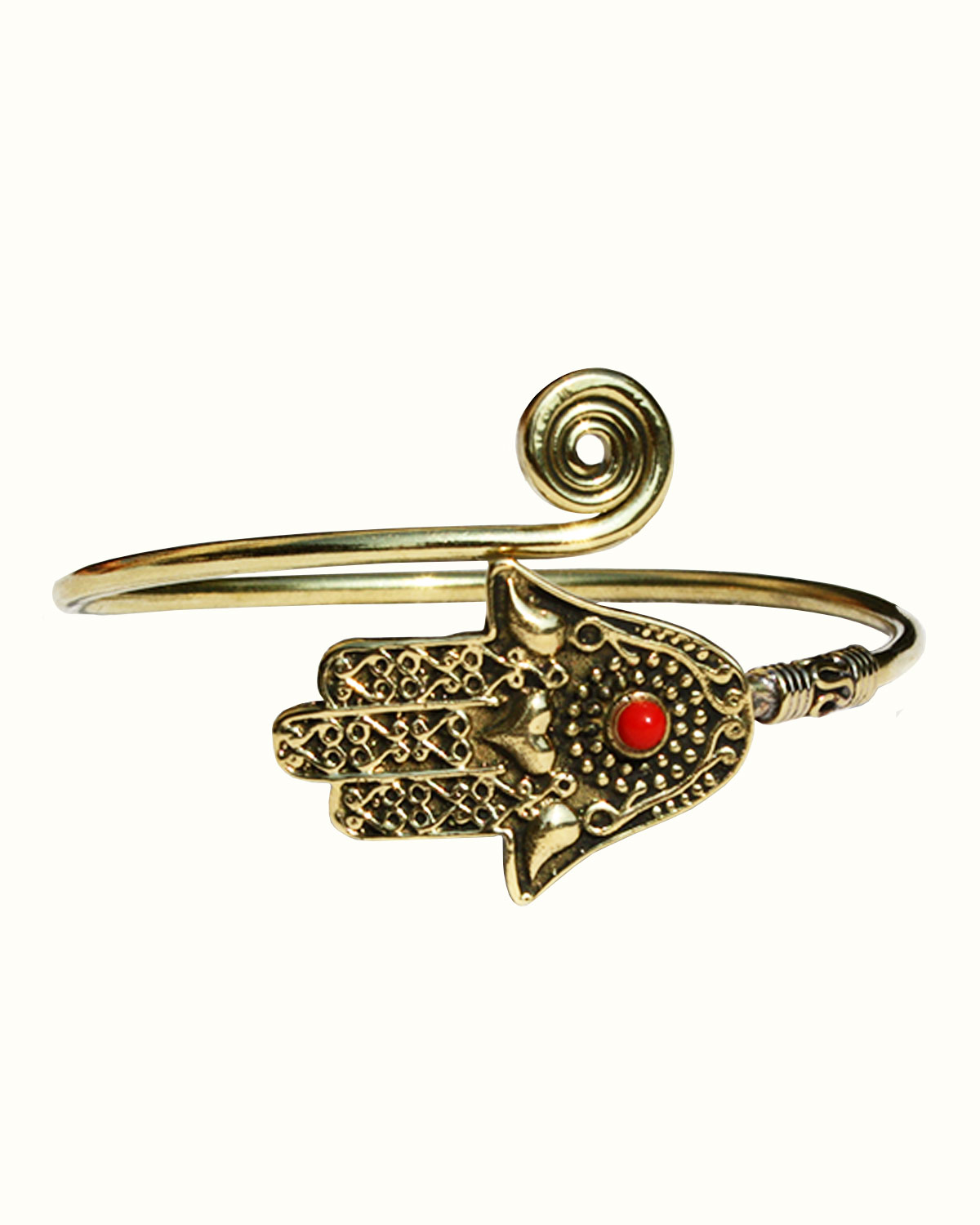 8061_2 BRACCIALE RIGIDO IN OTTONE CON MANO DI FATIMA E PIETRE