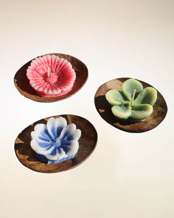 CANDELE FIORE SU PIATTINO DI COCCO