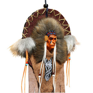 VISO CON COPRICAPO INDIANI  D'AMERICA IN PELLE CON PIUMAGGI