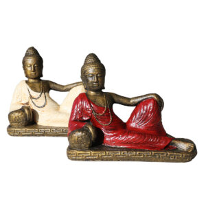 STATUA IN RESINA DIPINTA BUDDHA SUL DIVANO CM 50