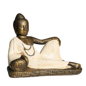 STATUA IN RESINA DIPINTA BUDDHA SUL DIVANO CM 50