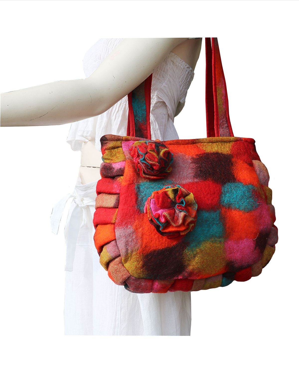 8493 BORSA IN LANA COTTA CON 2 FIORI STRATIFICATI ONDULATI