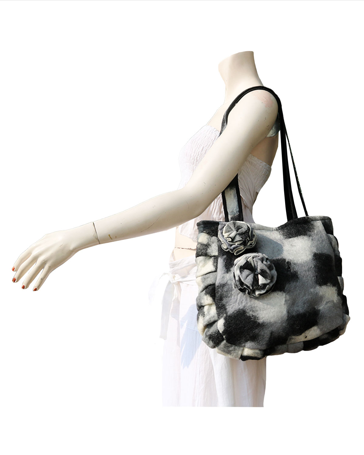 8493_1 BORSA IN LANA COTTA CON 2 FIORI STRATIFICATI ONDULATI