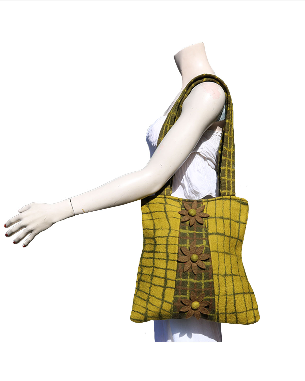 8478 BORSA IN LANA COTTA RETTANGOLARE CON QUADRETTI E 3 FIORI VERTICALI