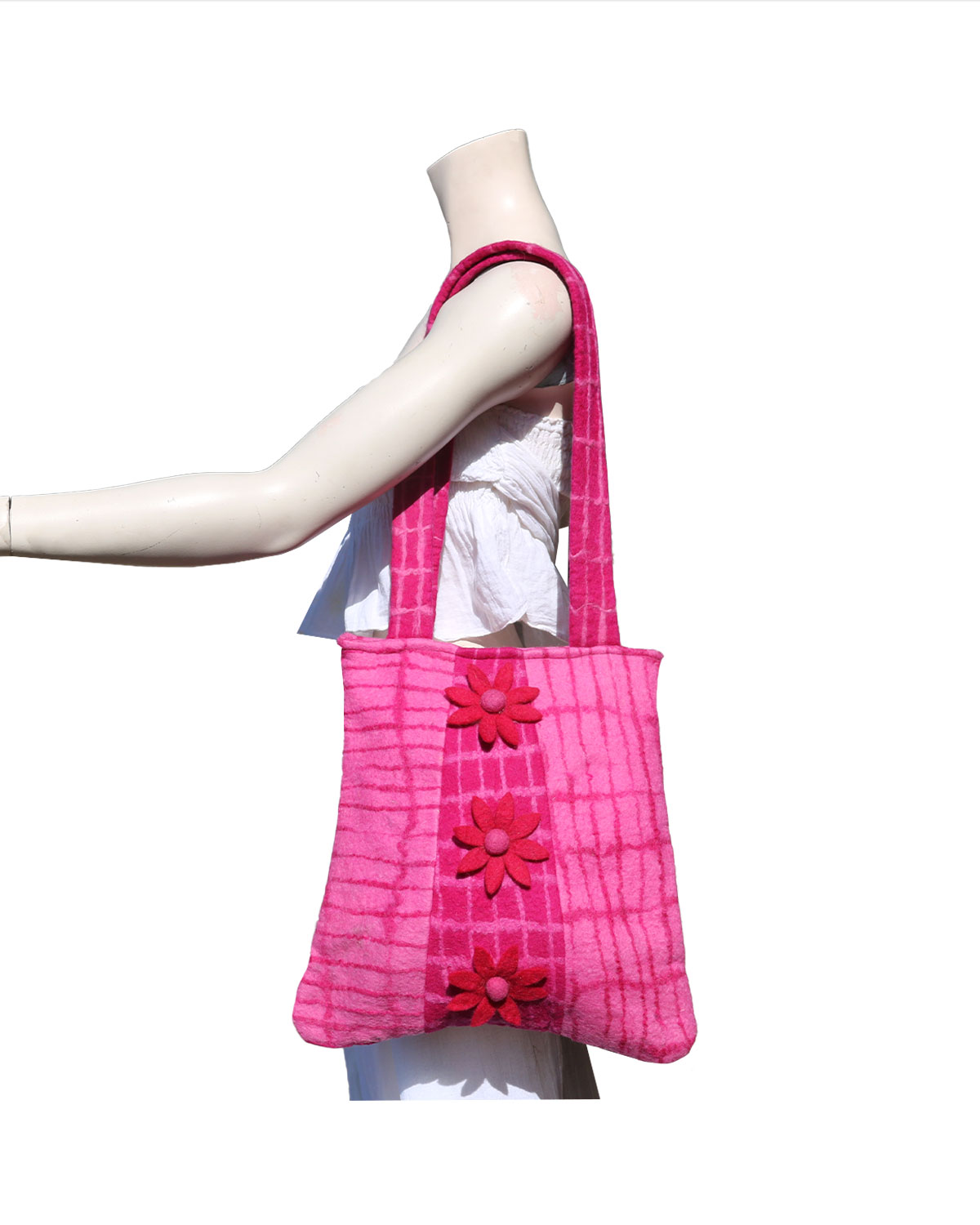 8478_2 BORSA IN LANA COTTA RETTANGOLARE CON QUADRETTI E 3 FIORI VERTICALI